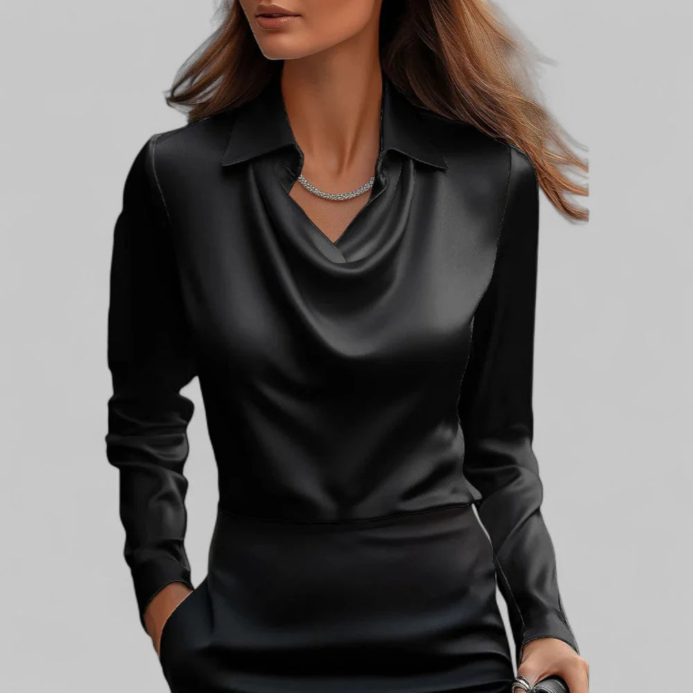 Dames Satijnlook Blouse met Waterval Hals en Lange Mouwen