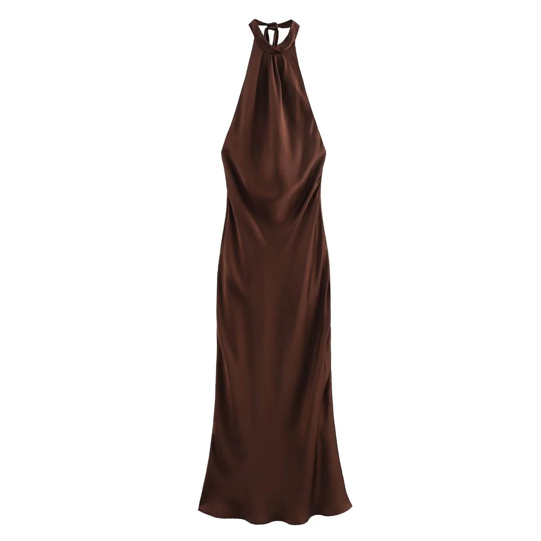 Dames Satijnlook Halter Maxi Jurk met Open Rug