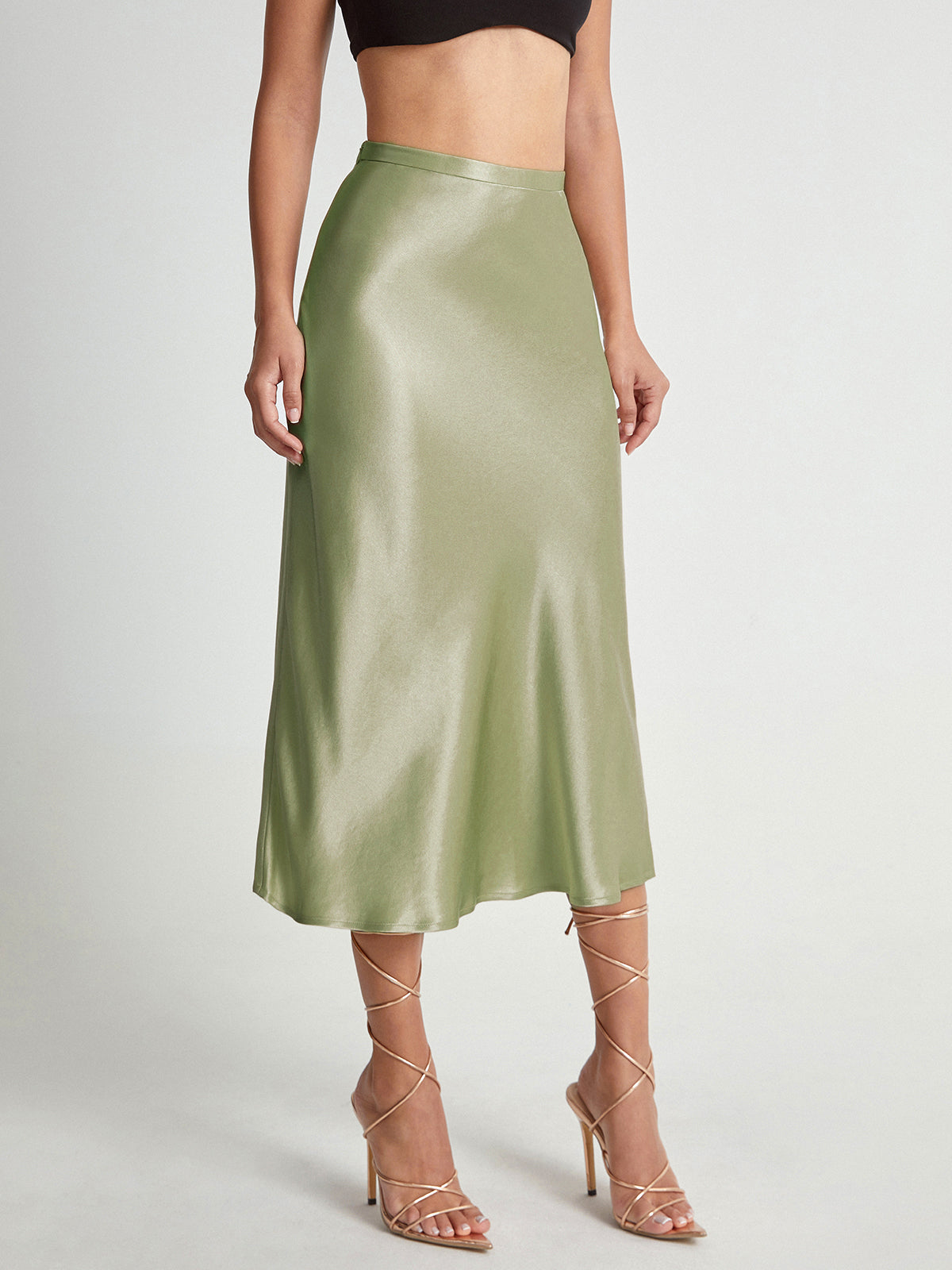 Dames Satijnlook Midi Rok met Hoge Taille