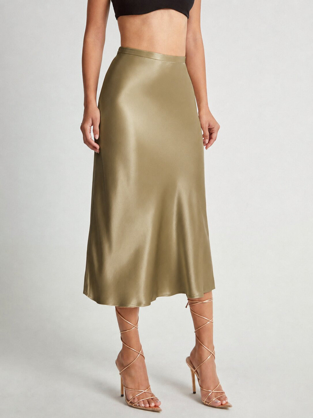 Dames Satijnlook Midi Rok met Hoge Taille