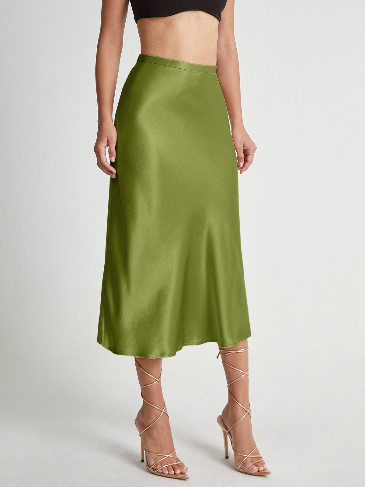 Dames Satijnlook Midi Rok met Hoge Taille