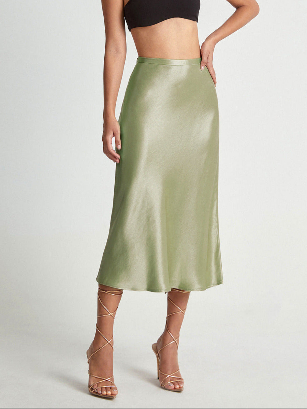 Dames Satijnlook Midi Rok met Hoge Taille