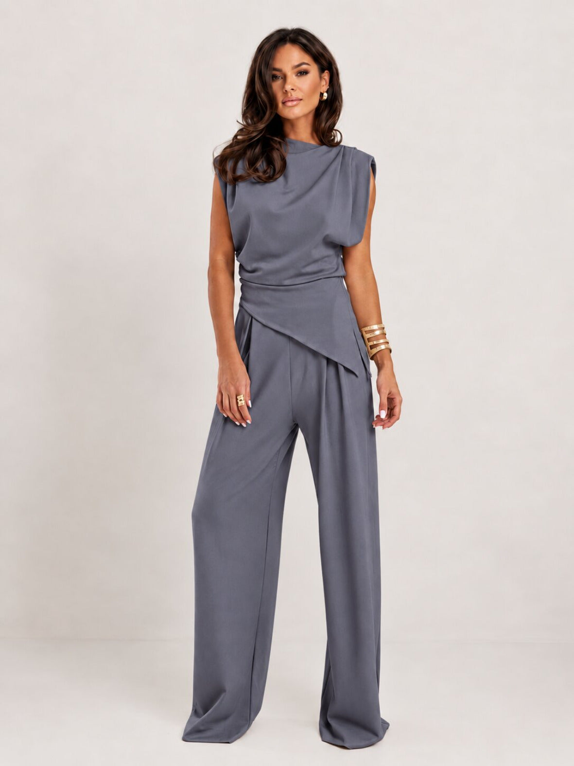 Dames Set met Gedrapeerde Top en Wijde Pantalon