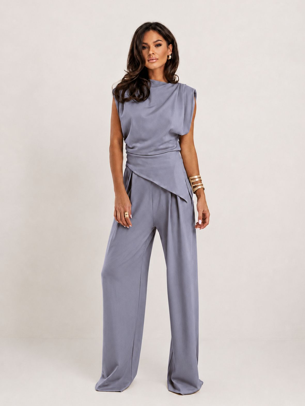 Dames Set met Gedrapeerde Top en Wijde Pantalon
