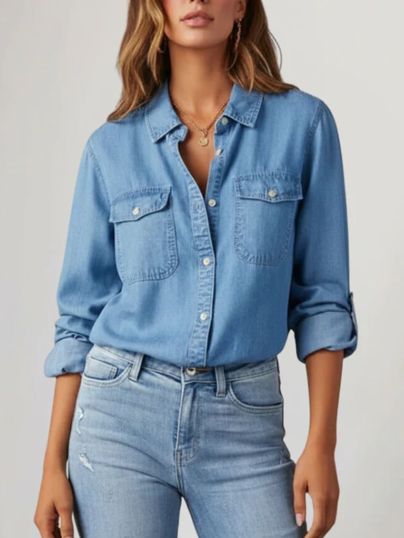 Dames Spijkerblouse met Knoopsluiting en Lange Mouwen