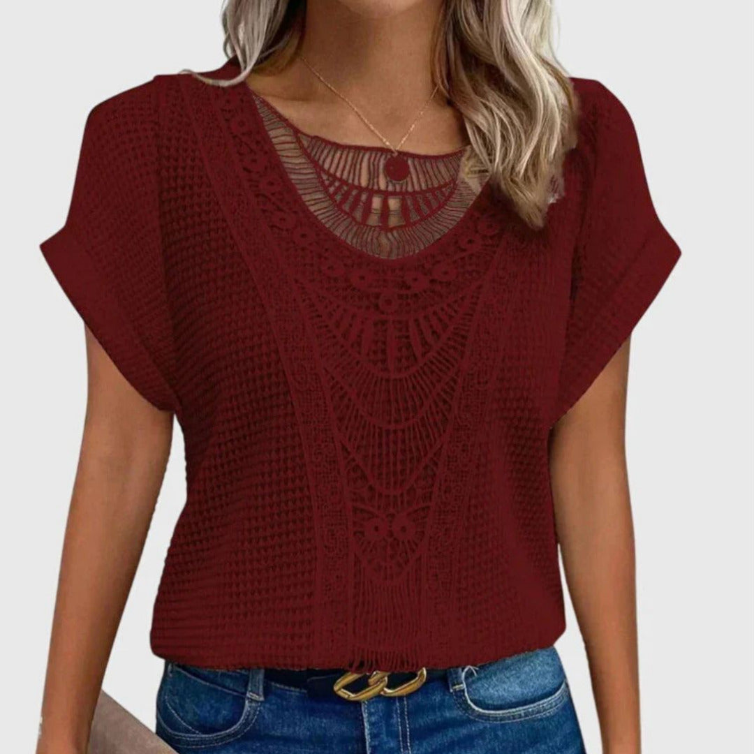 Dames T-shirt met Kanten Detail en Korte Mouwen