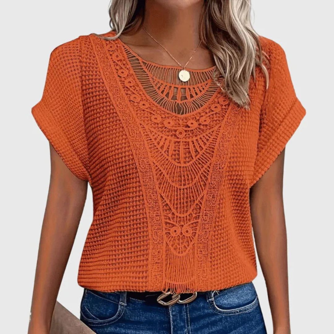 Dames T-shirt met Kanten Detail en Korte Mouwen