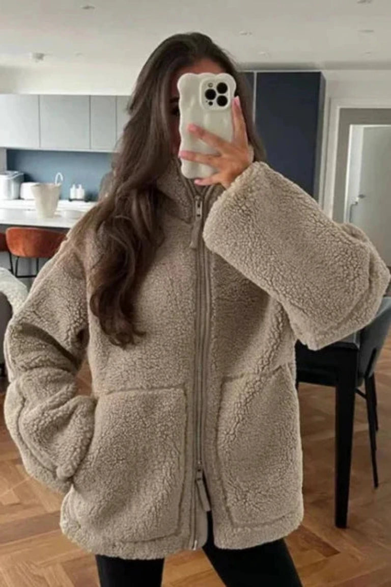 Dames Teddy Fleece Jas met Ritssluiting en Hoge Kraag