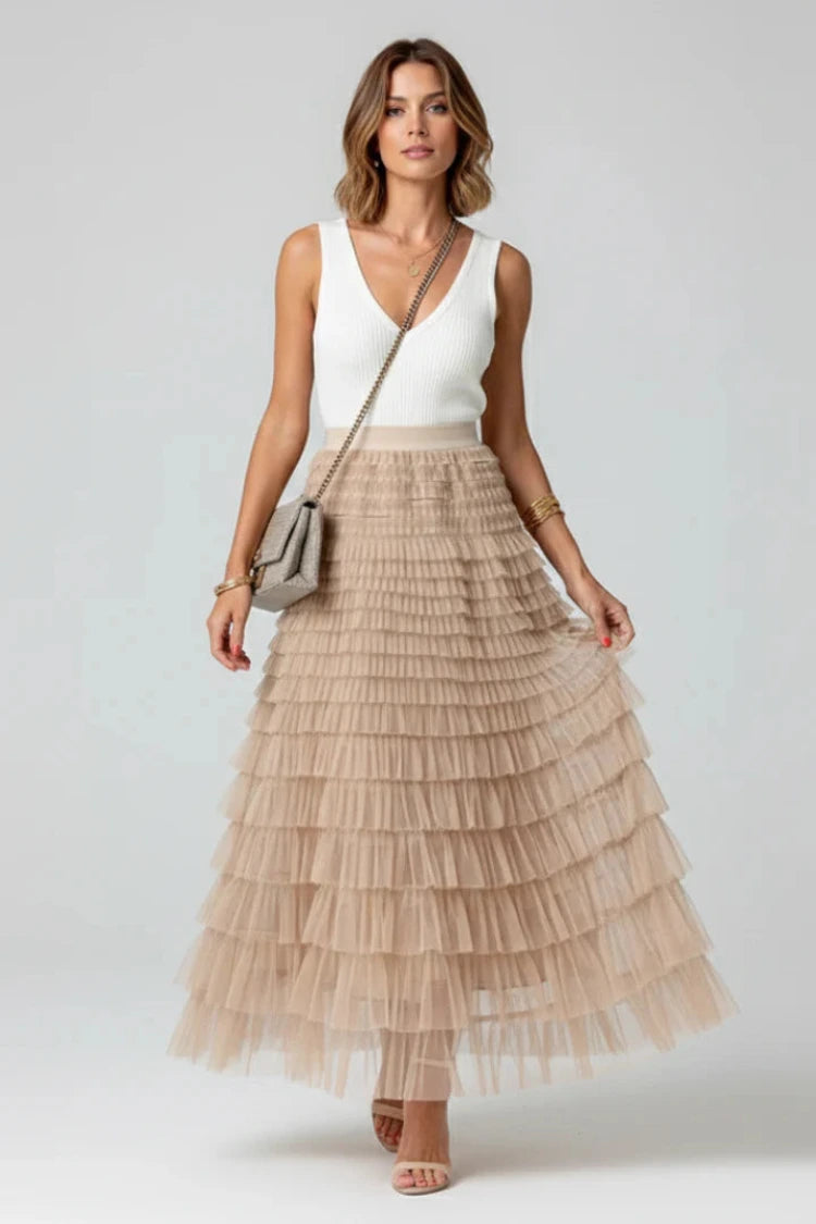 Dames Tule Maxi Rok met Elastische Taille en Lagen