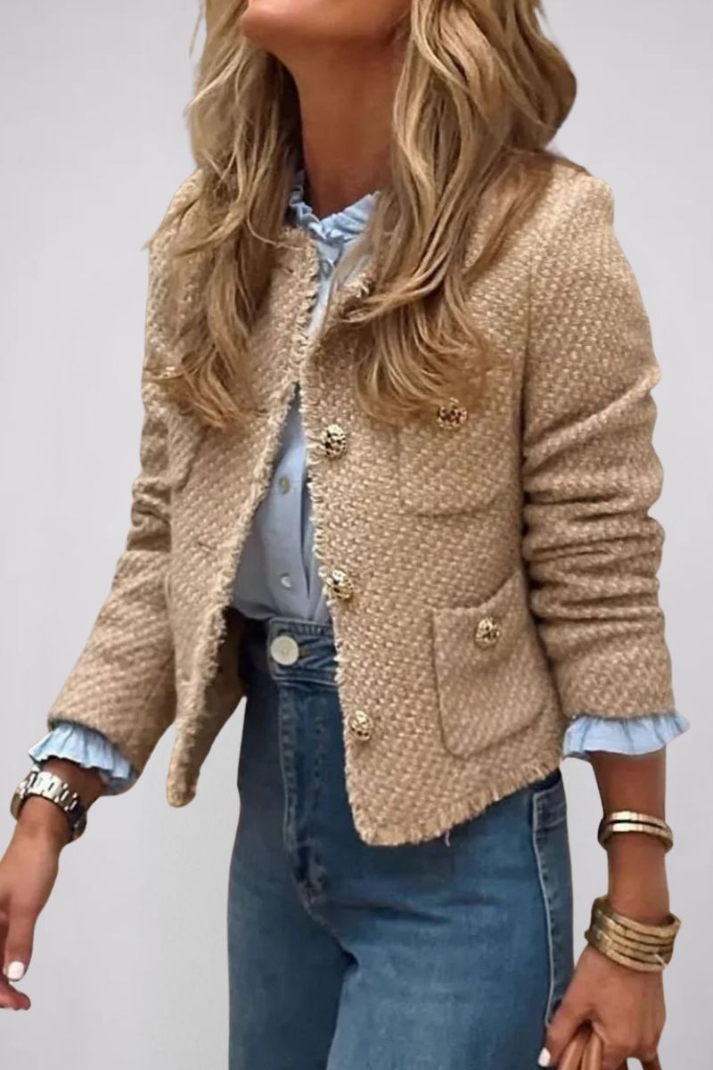 Dames Tweed Blazer met Gouden Knopen en Ronde Hals