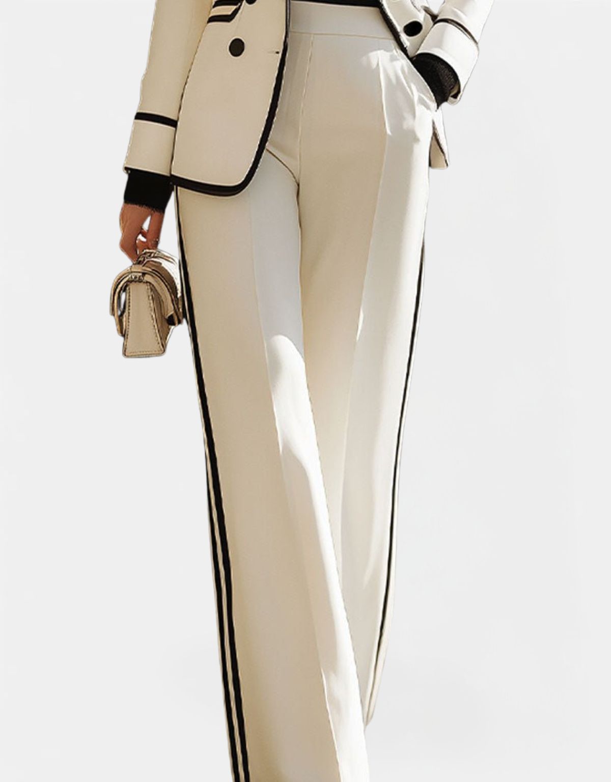 Dames Tweedelig Broekpak met Contrastbies en Wijde Broek