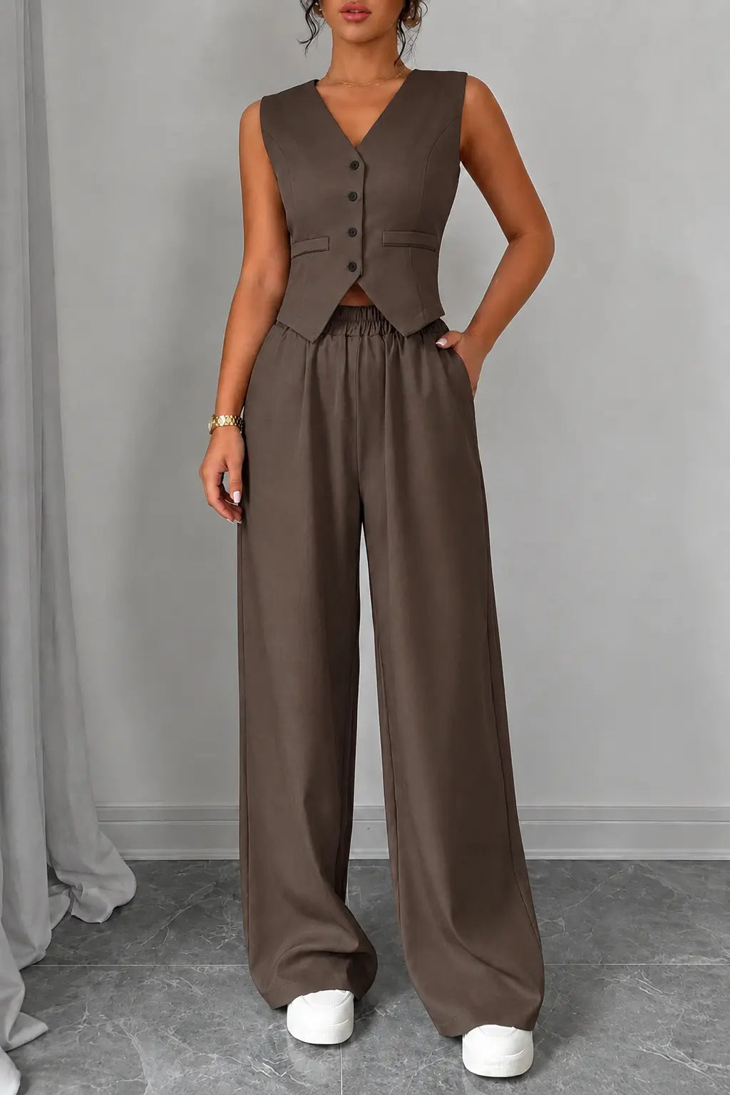 Dames Tweedelige Set met Gilet en Wijde Broek