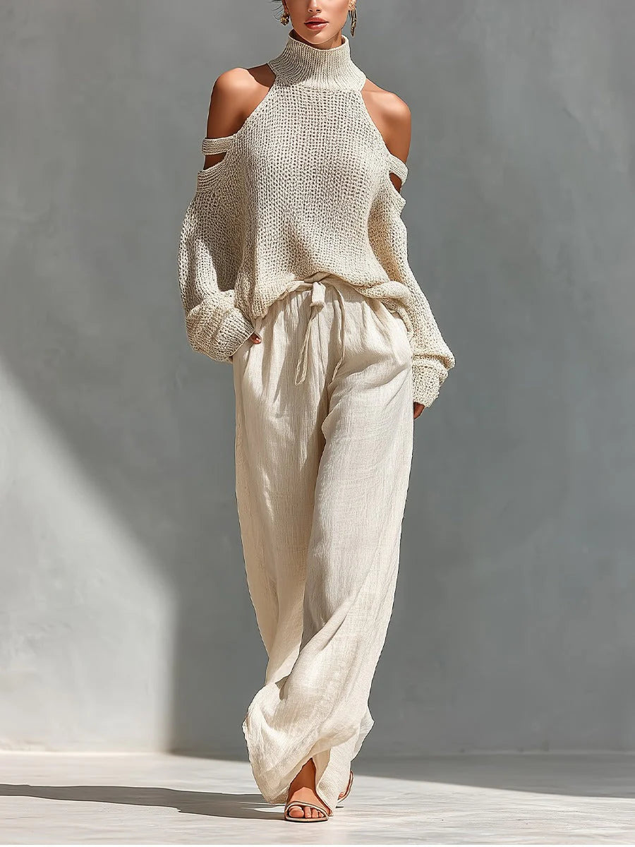 Dames Tweedelige Set met Off Shoulder Trui en Wijde Broek