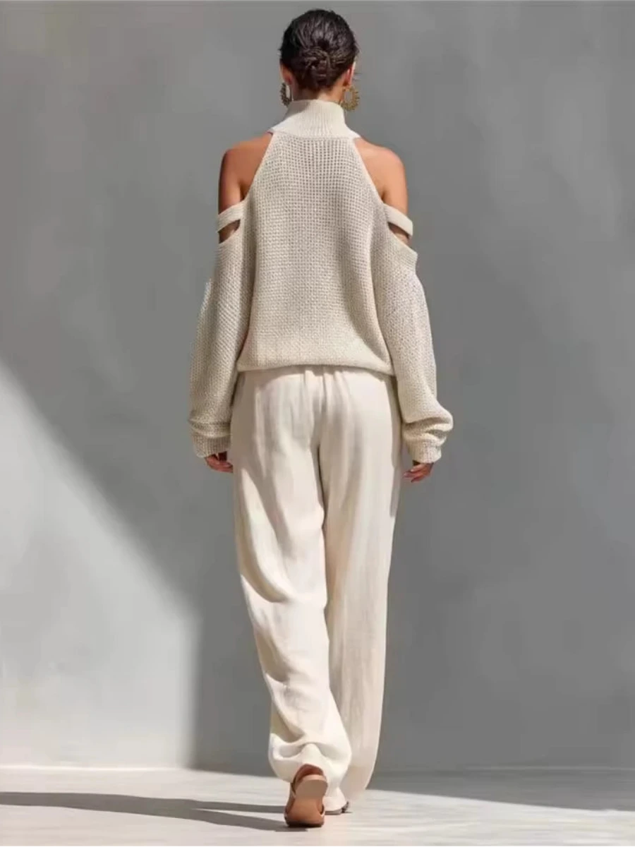 Dames Tweedelige Set met Off Shoulder Trui en Wijde Broek
