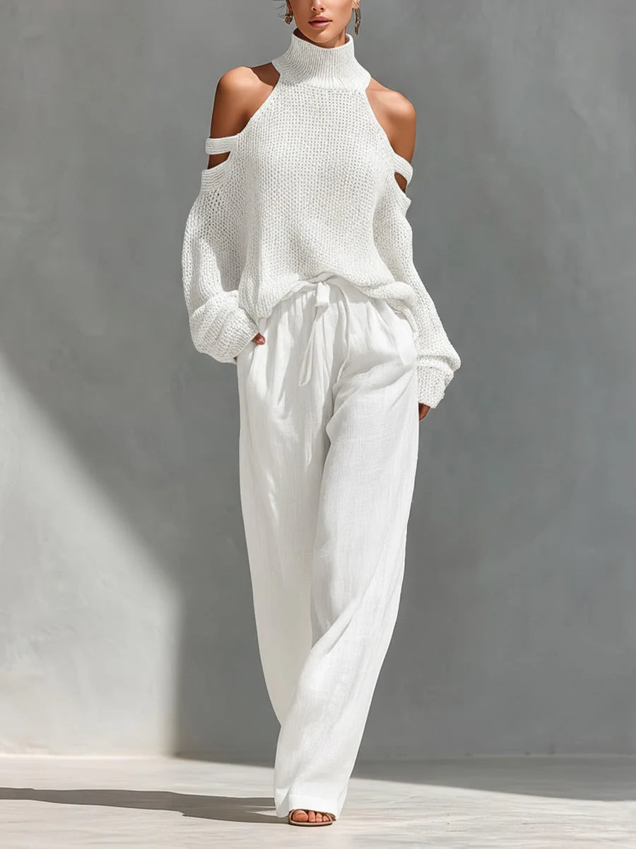 Dames Tweedelige Set met Off Shoulder Trui en Wijde Broek