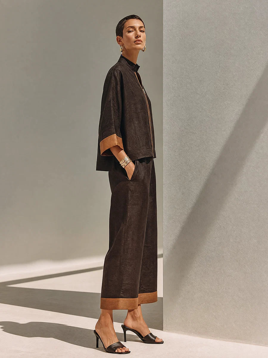 Dames Tweedelige Set met Opstaande Kraag en Cropped Wijde Broek
