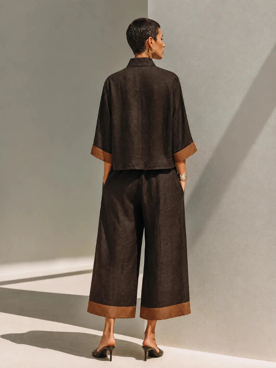 Dames Tweedelige Set met Opstaande Kraag en Cropped Wijde Broek