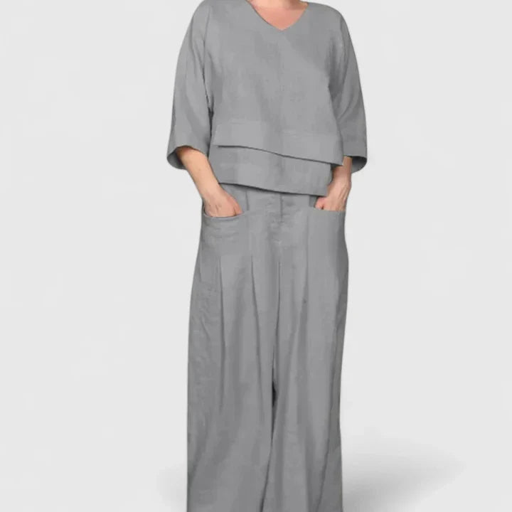 Dames Tweedelige Set met V-hals Top en Broek met Wijde Pijpen