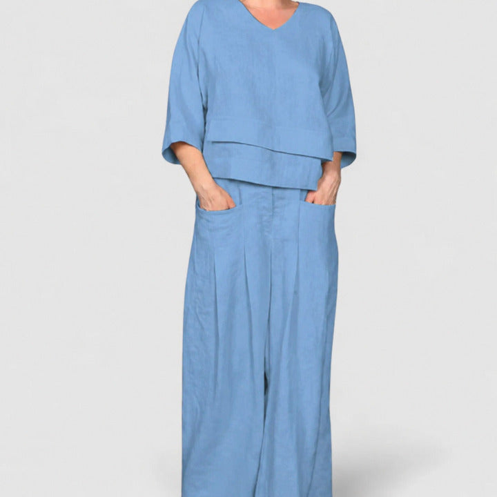 Dames Tweedelige Set met V-hals Top en Broek met Wijde Pijpen