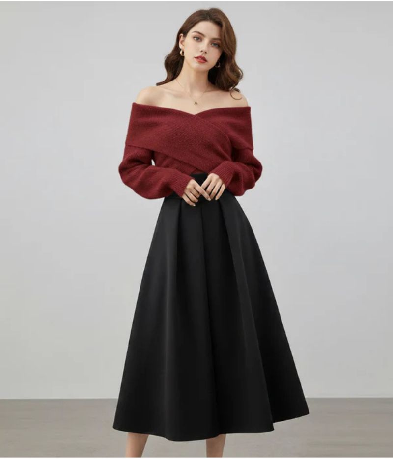 Dames Tweedelige Winterset met Overslagtrui en A-Lijn Rok