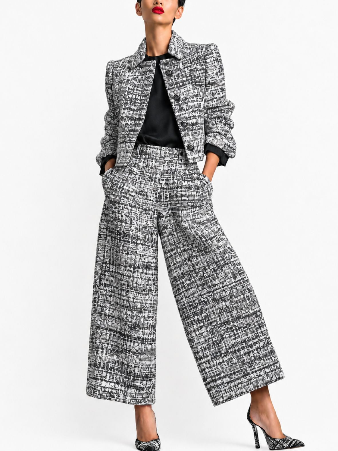 Dames Tweedstructuur Blazerset met Cropped Blazer en Wijde Broek