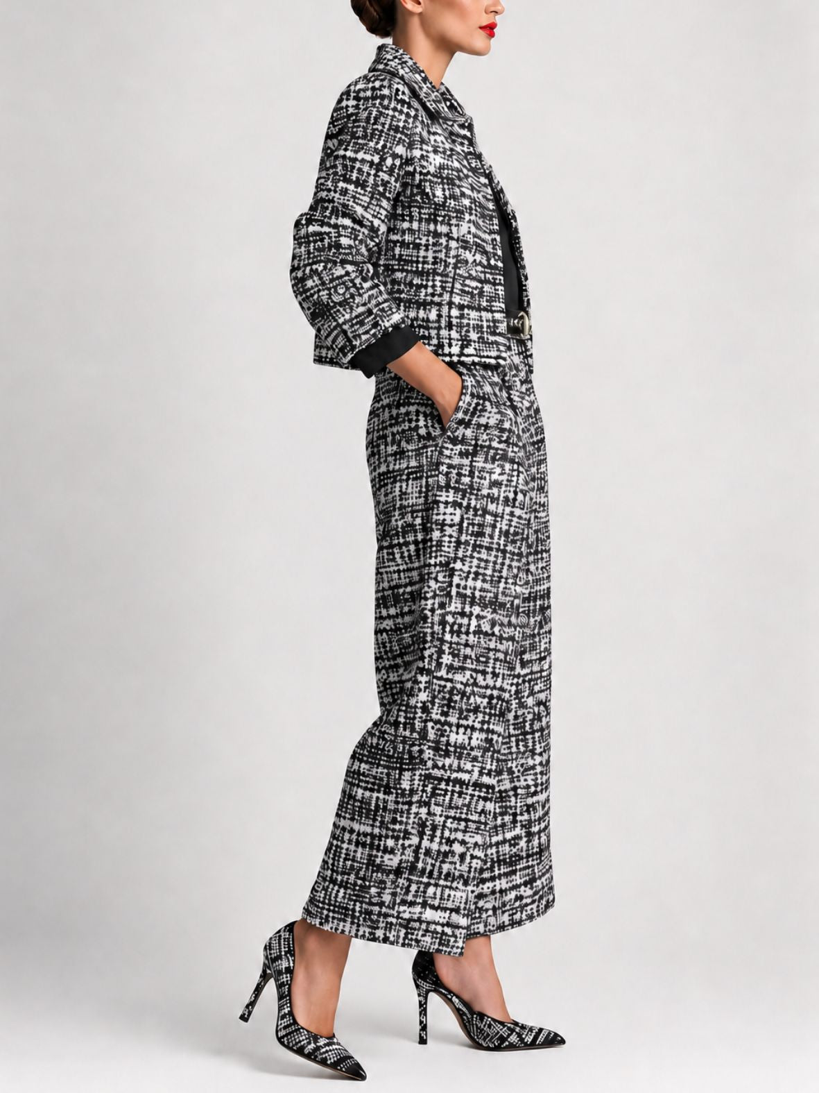 Dames Tweedstructuur Blazerset met Cropped Blazer en Wijde Broek
