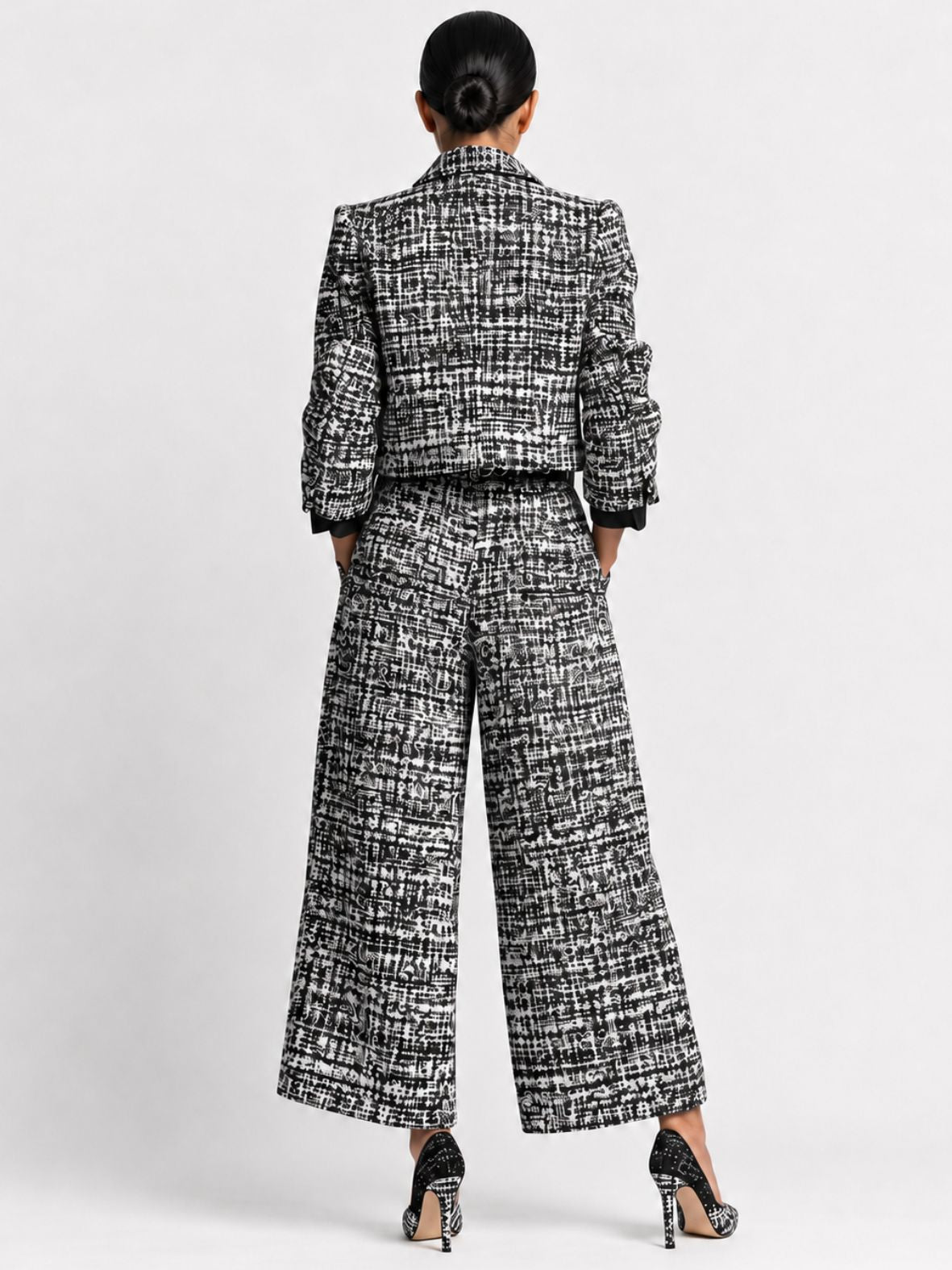 Dames Tweedstructuur Blazerset met Cropped Blazer en Wijde Broek