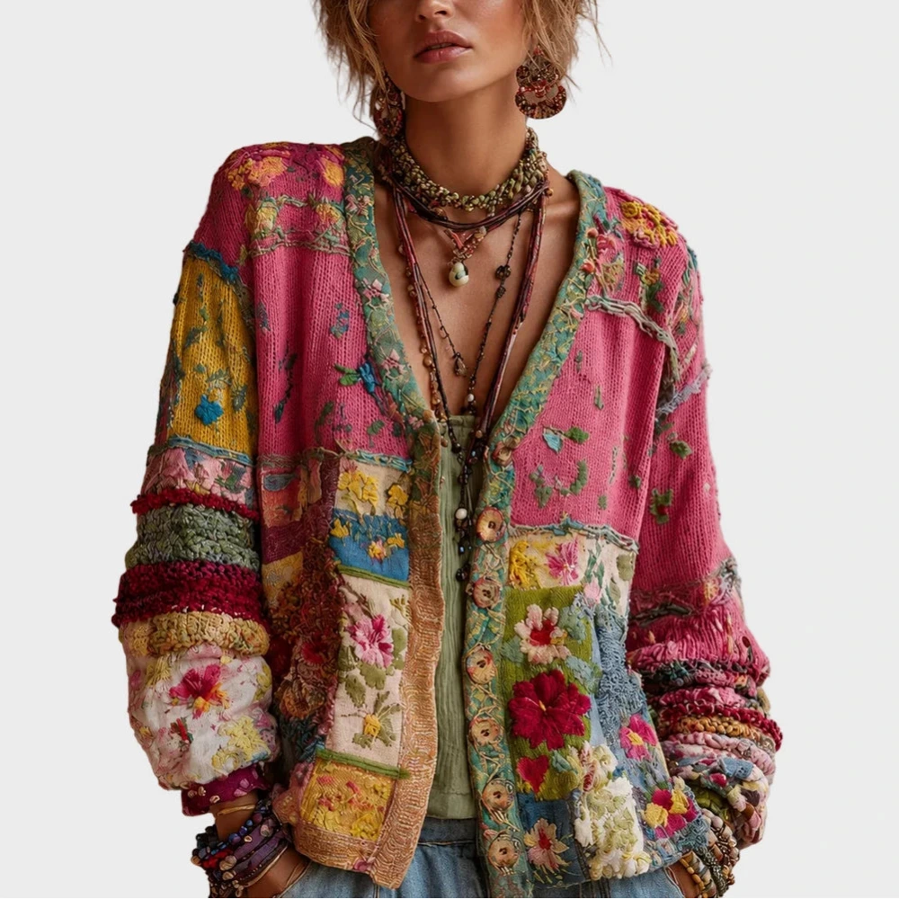 Dames Vest met Patchwork Bloemenprint en Knoopsluiting