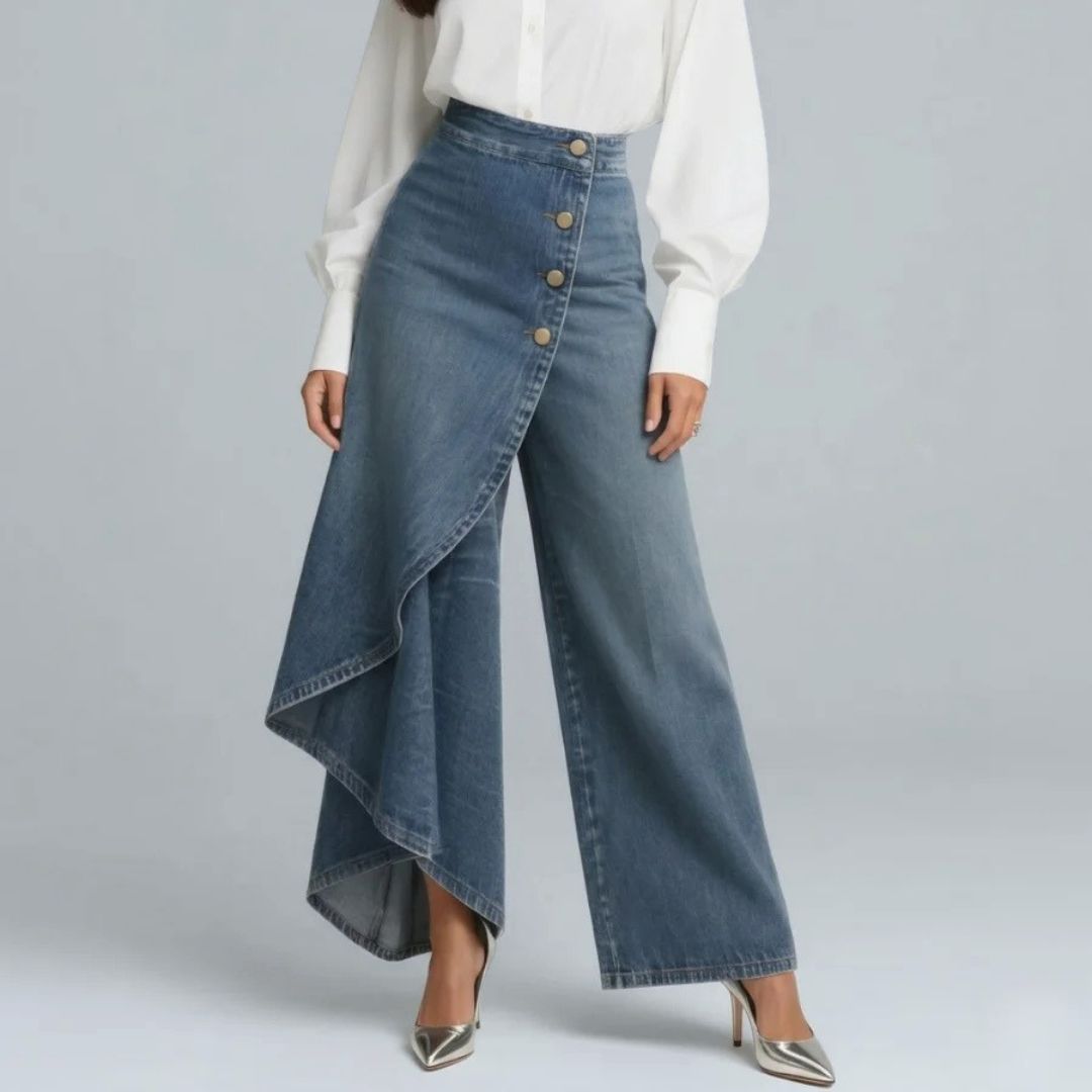 Dames Wijde Jeans met Asymmetrisch Detail en Knoopsluiting