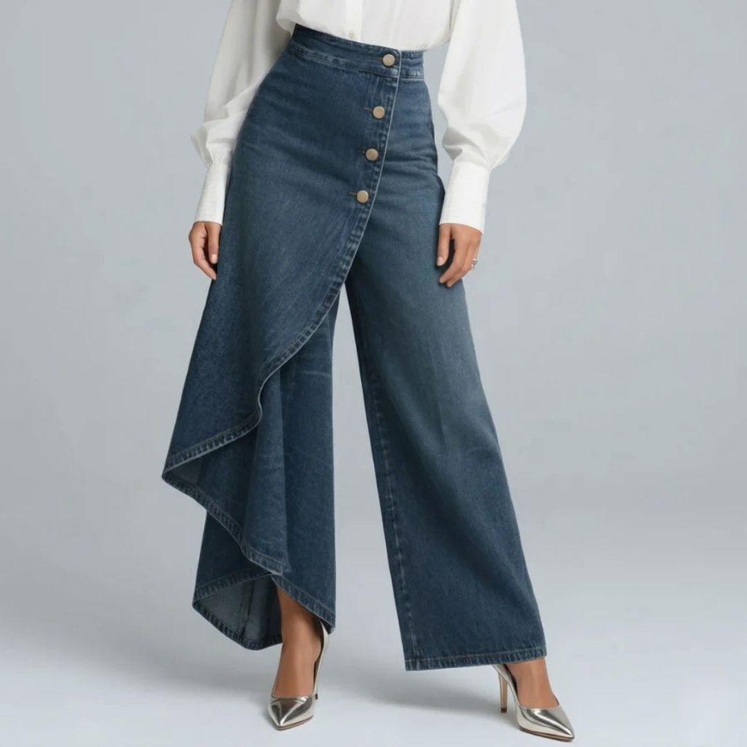 Dames Wijde Jeans met Asymmetrisch Detail en Knoopsluiting