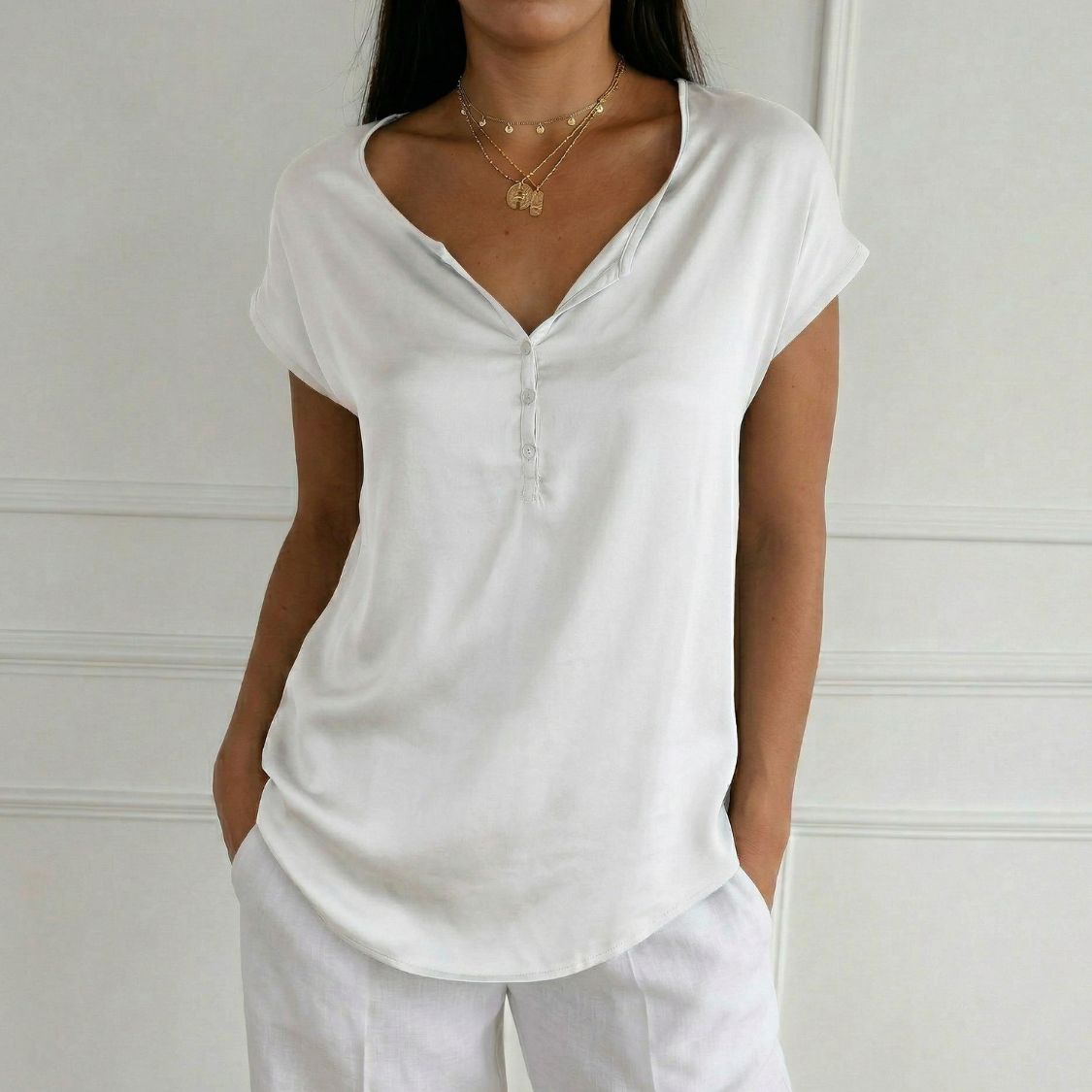 Dames Zomer Blouse met Korte Mouwen en Knoopsluiting
