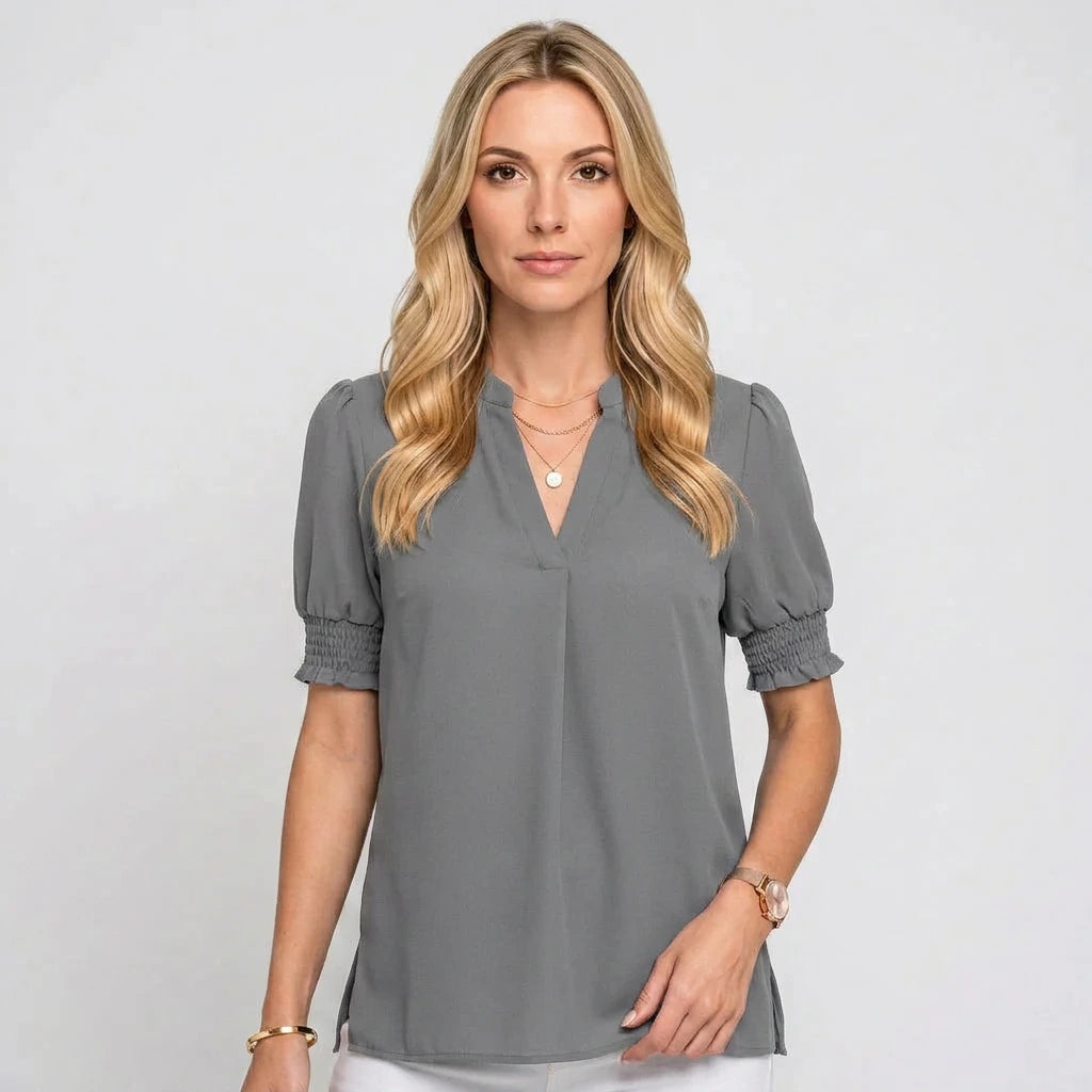 Dames Zomerblouse met V-hals en Korte Pofmouwen