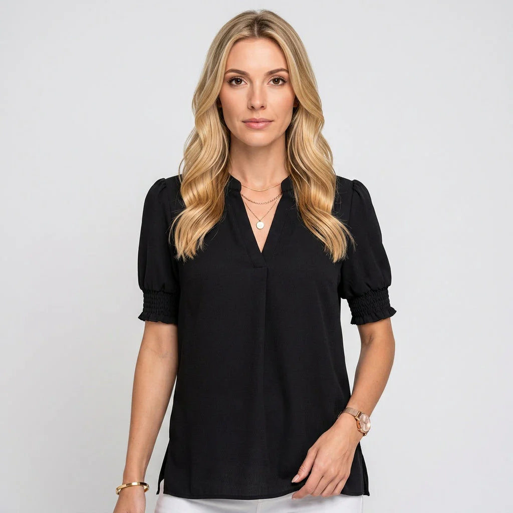 Dames Zomerblouse met V-hals en Korte Pofmouwen