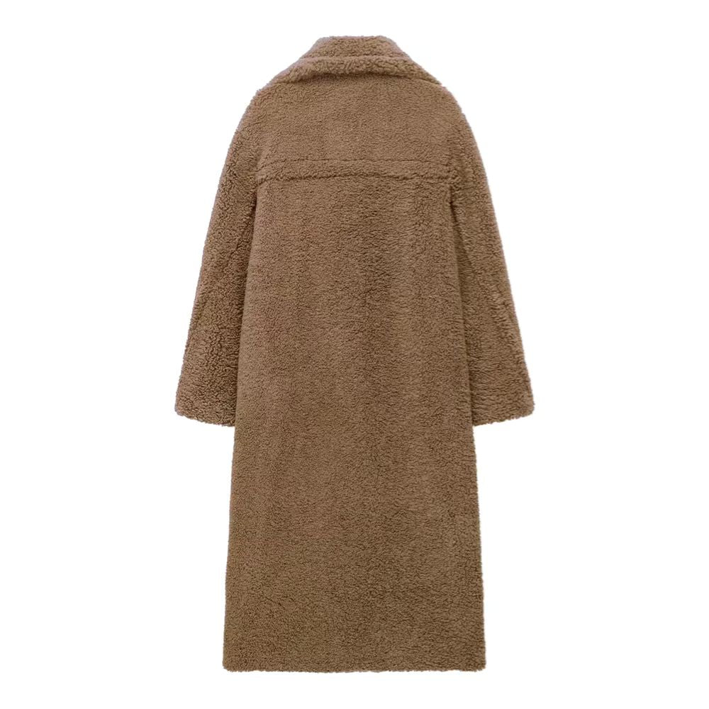 Dames lange teddy jas met reverskraag en knoopsluiting