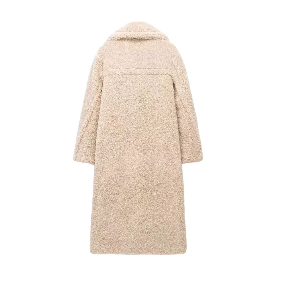 Dames lange teddy jas met reverskraag en knoopsluiting