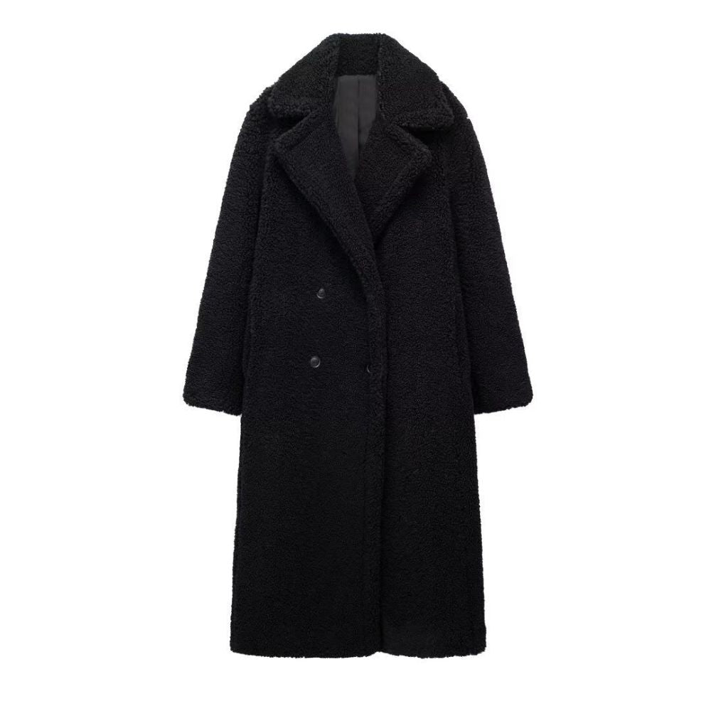 Dames lange teddy jas met reverskraag en knoopsluiting