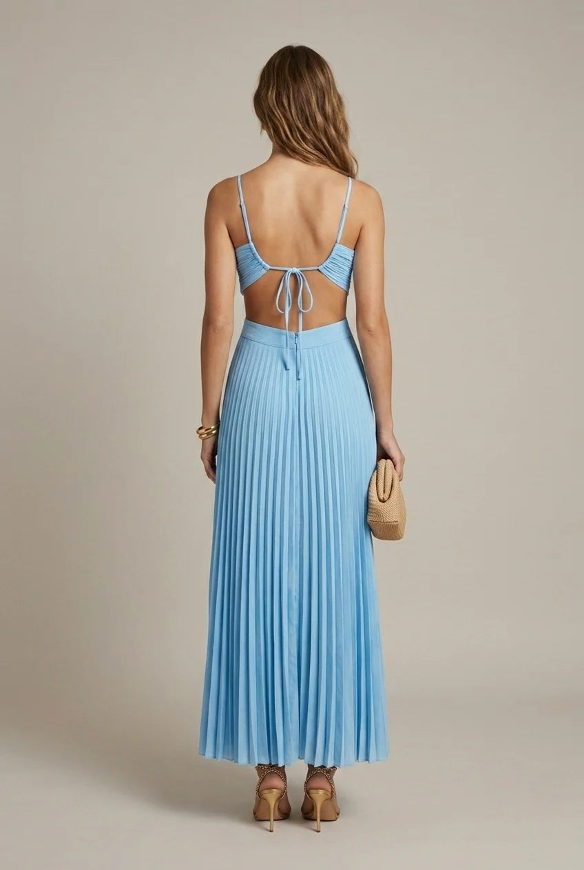 Geplooide Maxi Jurk met Halternek en Open Rug