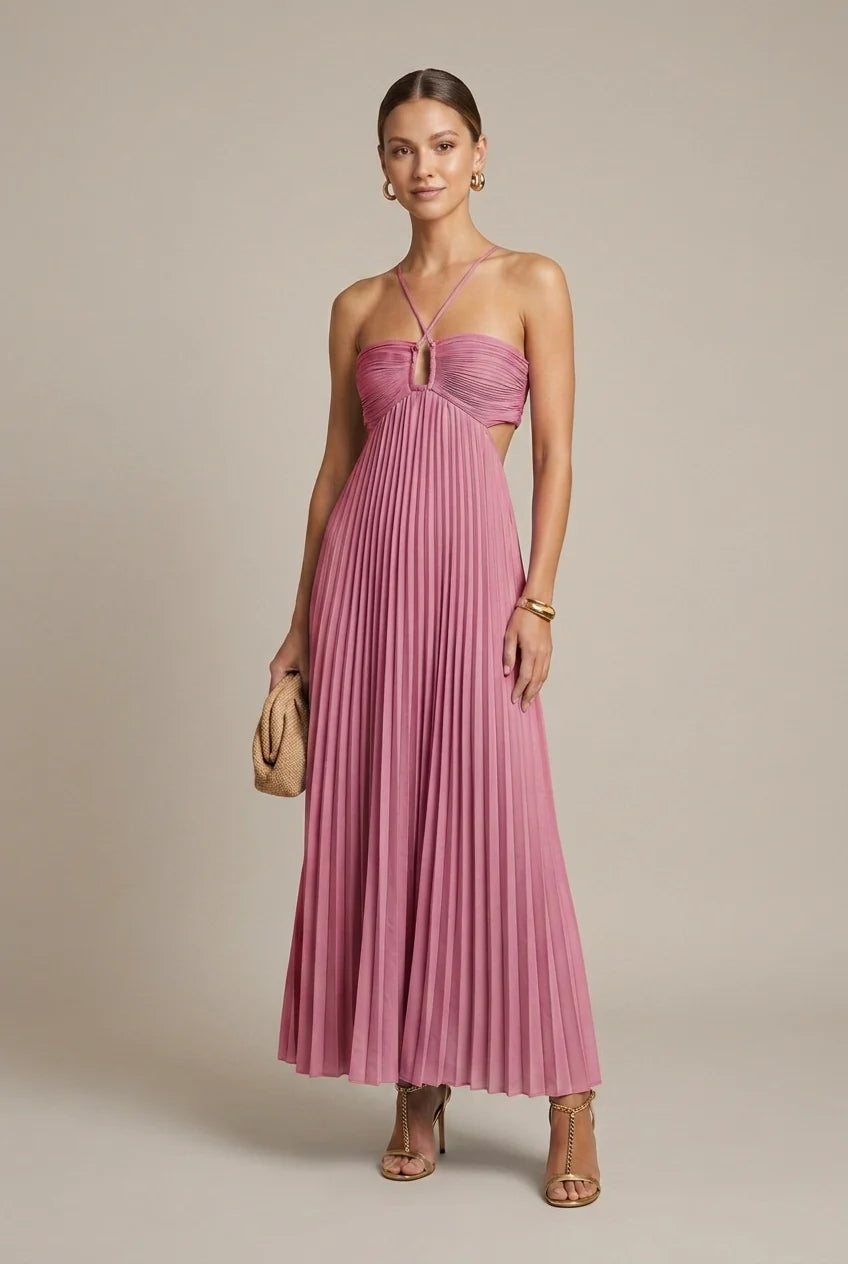 Geplooide Maxi Jurk met Halternek en Open Rug