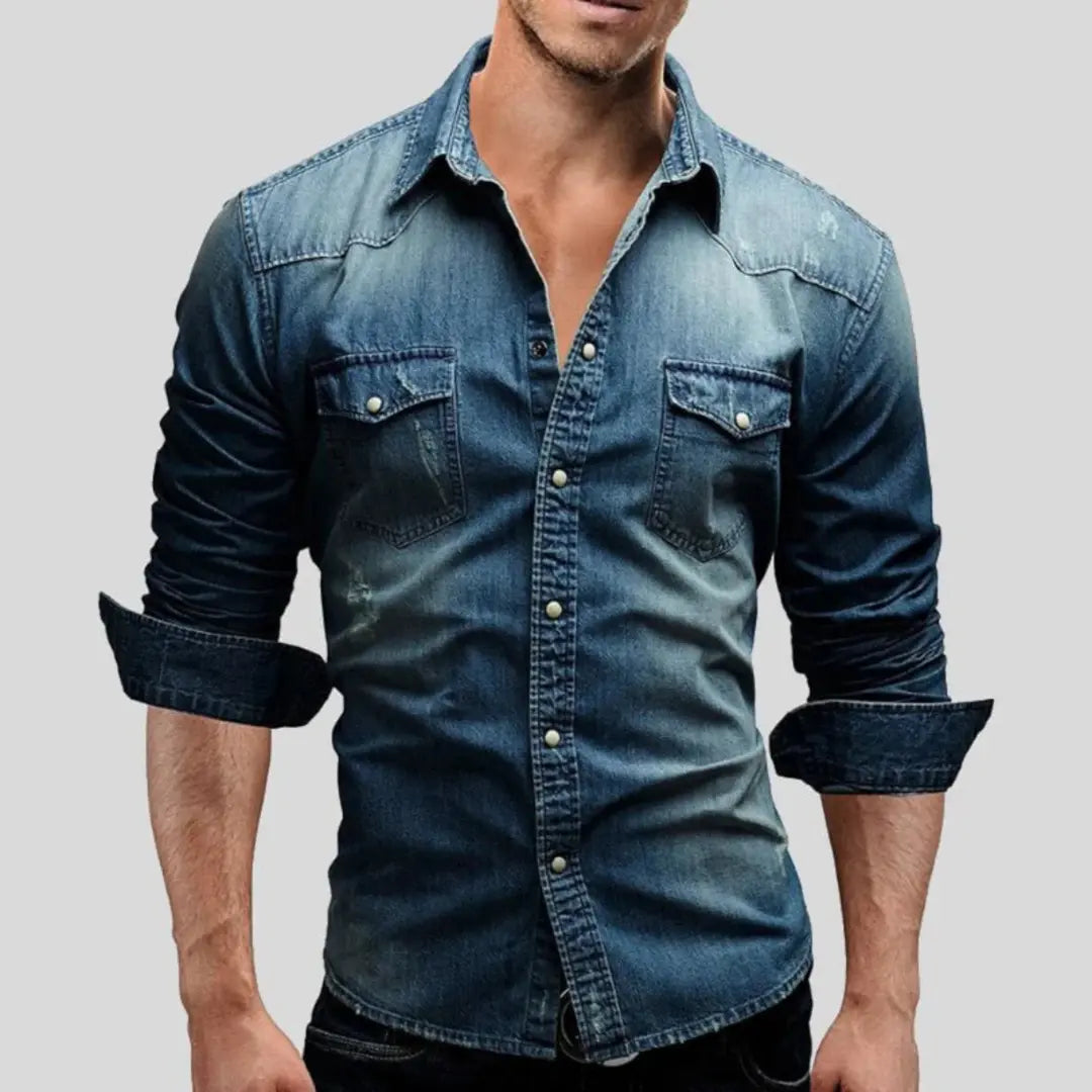 Heren Denim Overhemd met Lange Mouwen en Borstzakken