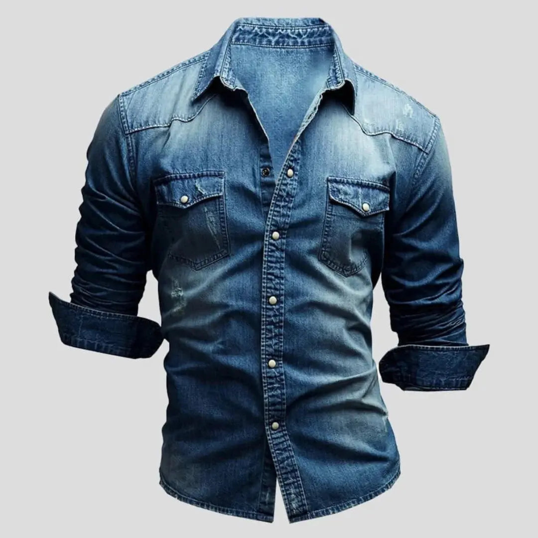 Heren Denim Overhemd met Lange Mouwen en Borstzakken