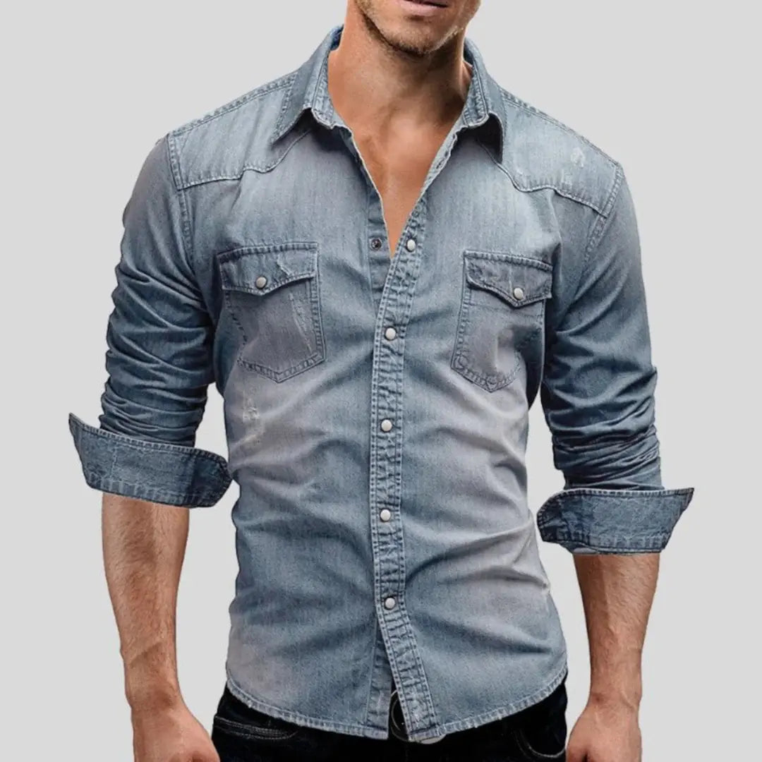 Heren Denim Overhemd met Lange Mouwen en Borstzakken