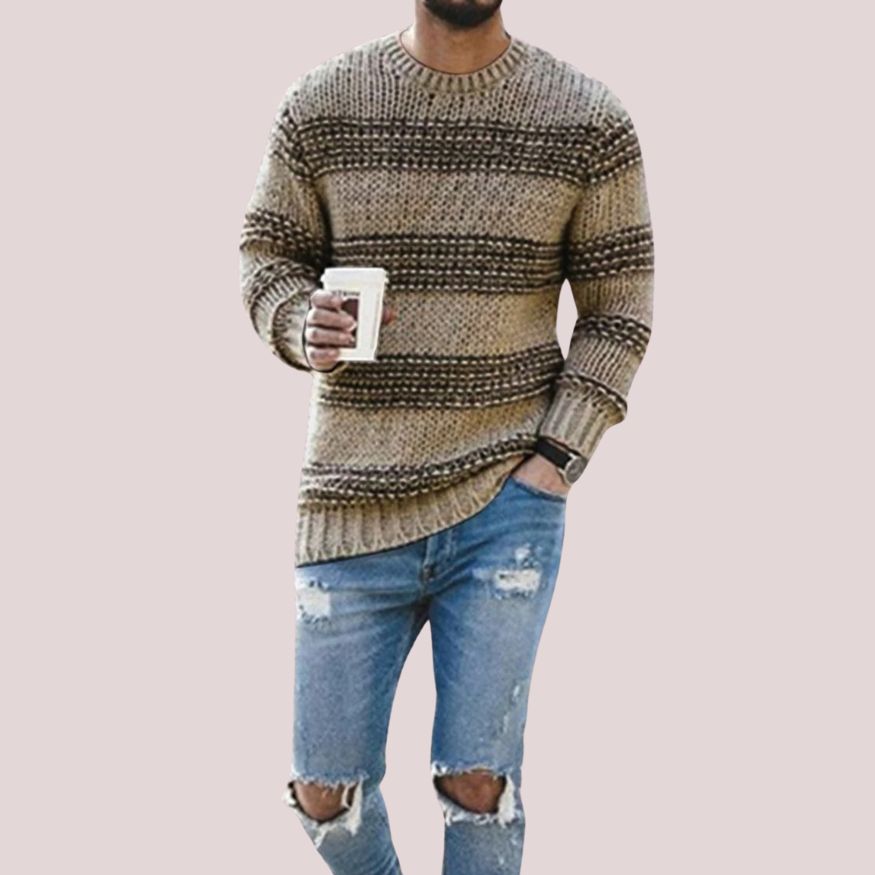 Heren Gebreide Trui met Strepen en Ronde Hals
