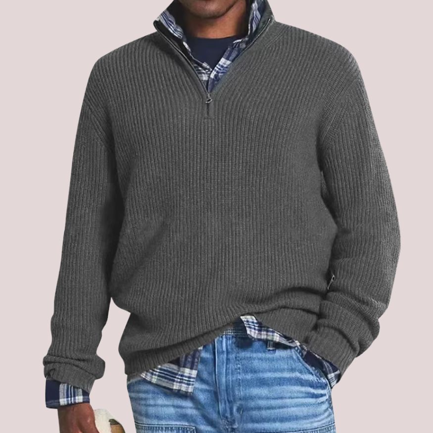 Heren Gebreide Trui van wolmix met Halve Ritssluiting en Opstaande Kraag