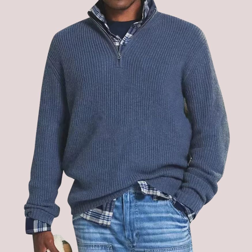 Heren Gebreide Trui van wolmix met Halve Ritssluiting en Opstaande Kraag
