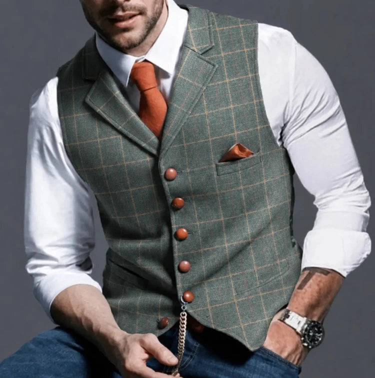 Heren Geruit Gilet met Knoopsluiting en Borstzak