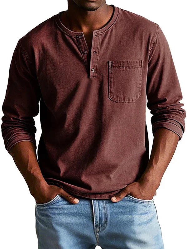 Heren Henley Shirt met Lange Mouwen en Borstzak