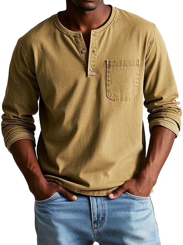 Heren Henley Shirt met Lange Mouwen en Borstzak