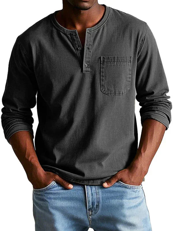 Heren Henley Shirt met Lange Mouwen en Borstzak
