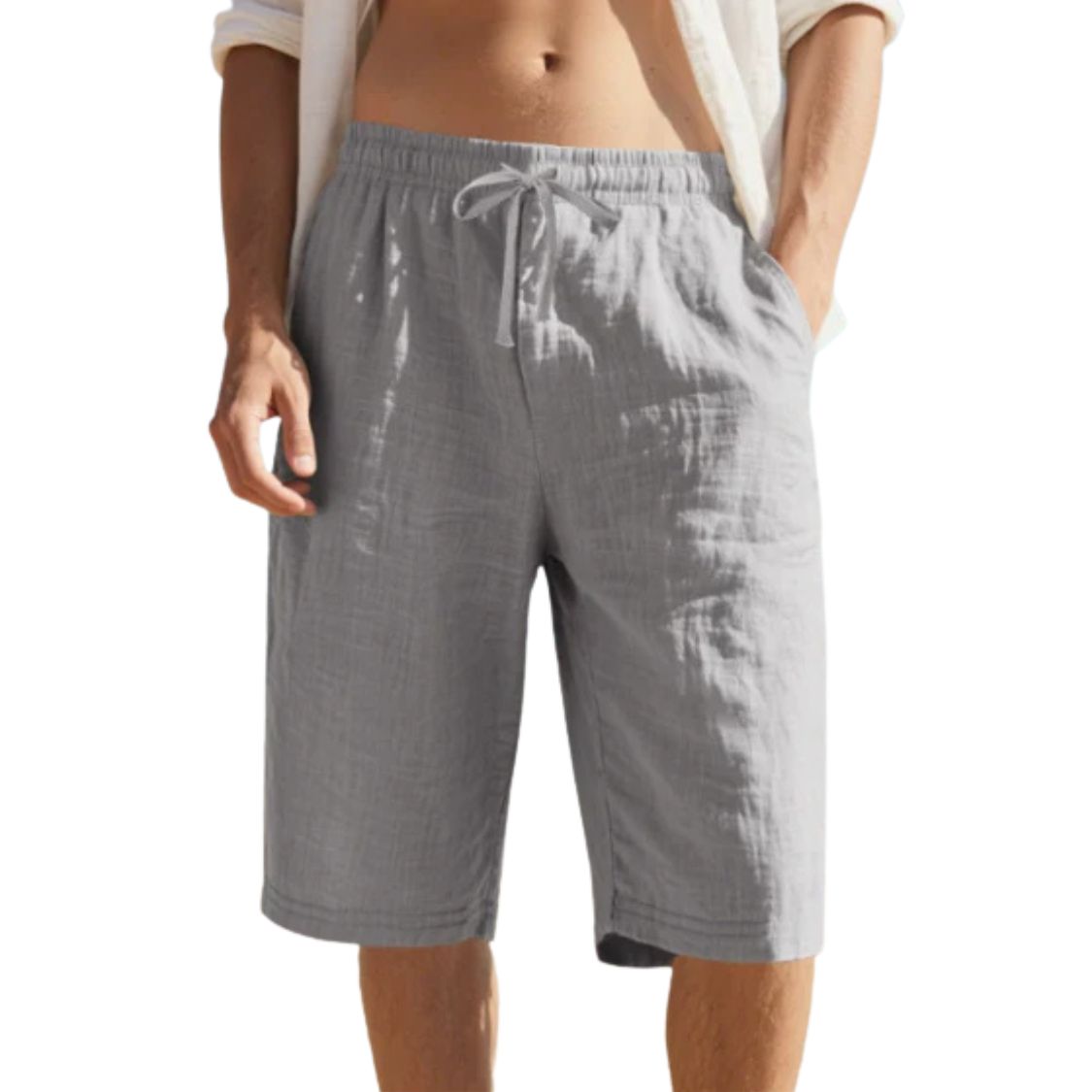 Heren Linnen Korte Broek met Elastische Tailleband en Trekkoord