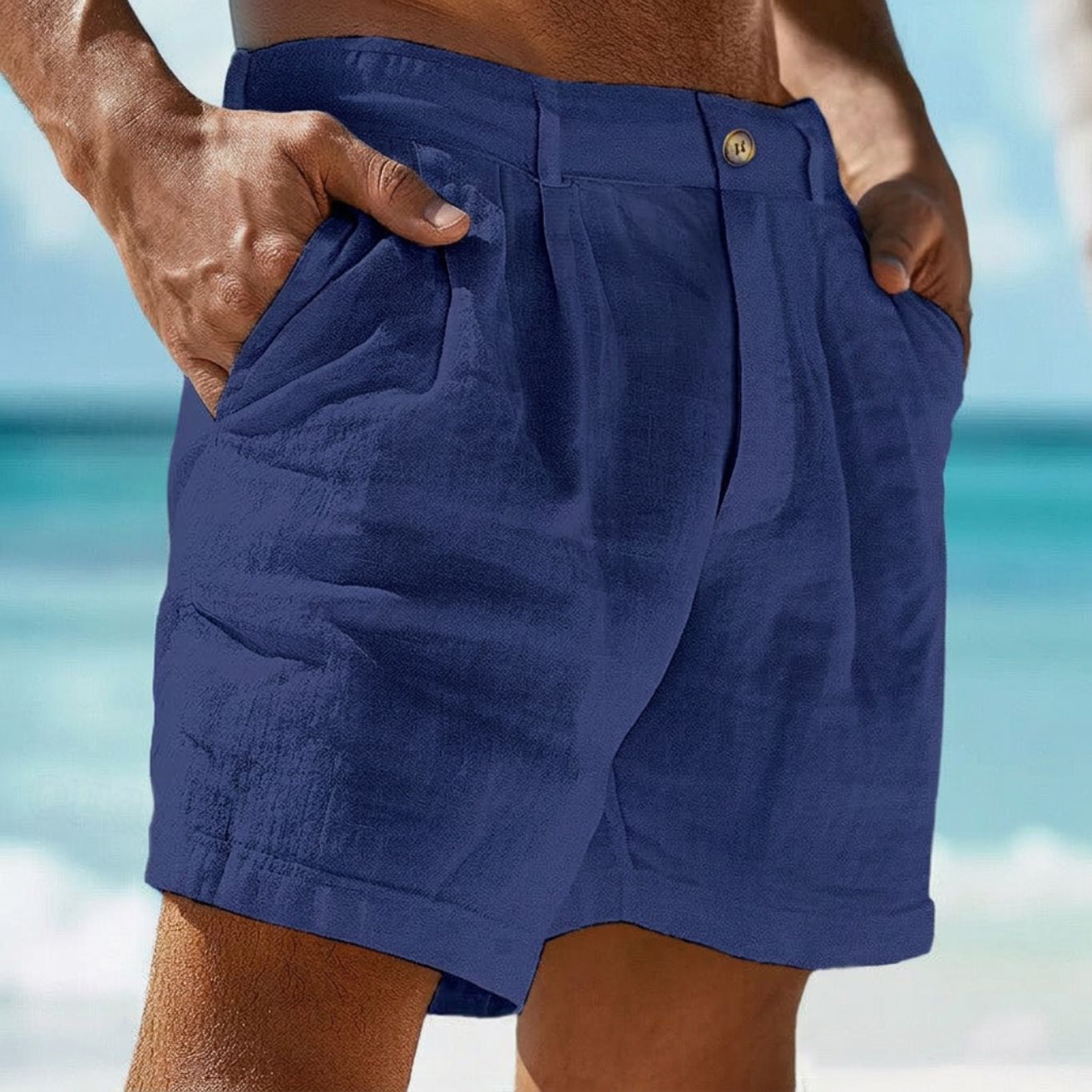 Heren Linnen Korte Broek met Steekzakken en Knoopsluiting